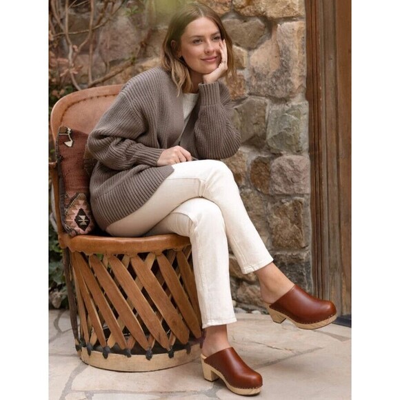 Nisolo Leather Closed Toe Slip On Wooden All Day Mule Heeled Clog BRANDY‎ - Picture 3 of 7